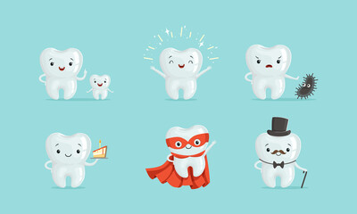 Cute White Tooth Character Holding Cake and Wearing Superhero Cloak Vector Set