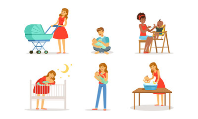 Young Mother and Father Nursing Their Little Baby Bottle Feeding and Bathing Vector Set