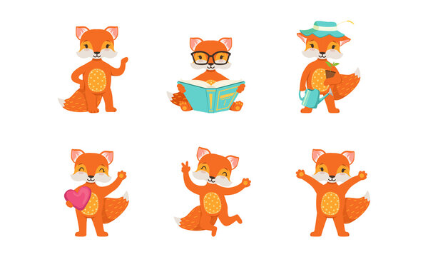 Cute Little Fox Reading Book, Gardening and Waving Paw Vector Set