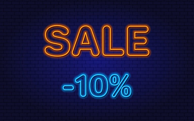 Sale 10 percent off. Neon. Glowing Vector Text. Neon design element for banner, store, website.