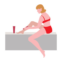 Woman in the bathroom does hair removal from her legs with depilatory cream. Vector illustration with character in flat style isolated on white background