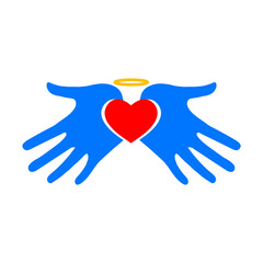 Heart with arms and wings human hands hold the heart