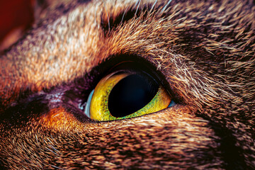 Close-up photo of a cat's eye. The eye color is yellow and slightly green. 