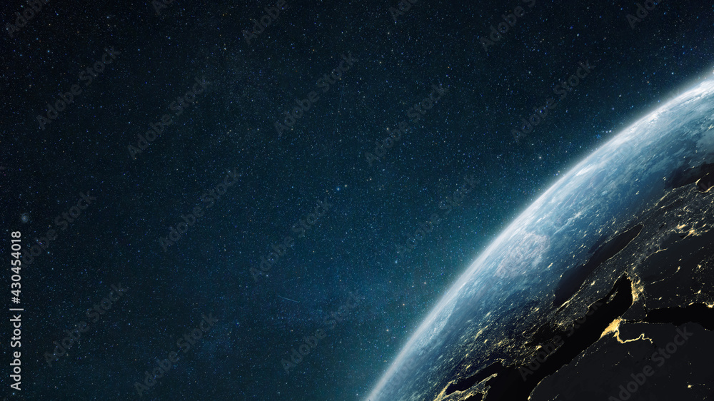 Wall mural Surface of Earth planet in deep space. Outer dark space wallpaper. Night on planet with cities lights. View from orbit. Earth at he night. Civilization.