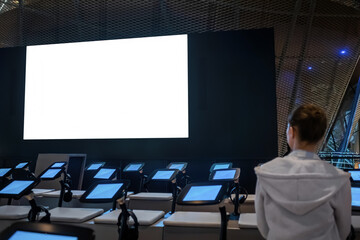 White screen, scifi, technology, futuristic, template, mock up, entertainment concept. Woman...