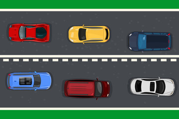 Highway traffic concept with top view cars on asphalt road. Vehicles on the highway.Various cars on urban roadway.Stream of heavy traffic.High speed autobahn with automobiles.Stock vector illustration