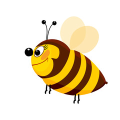 Cartoon bee isolated on white background. Cute hornet character flying and smiling. Lovely simple design of a cartoon yellow and black wasp. Friendly honey bee mascot icon. Stock vector illustration