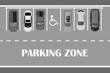 Parking zone with one free place for handicapped. Parking lot with many cars top view. Free public lot, city transport services.Place for disabled with special sign on asphalt road.Vector illustration