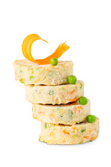 Frosted vegetarian vegetable cutlets for burgers isolated on white. Stack of vegan patties with...