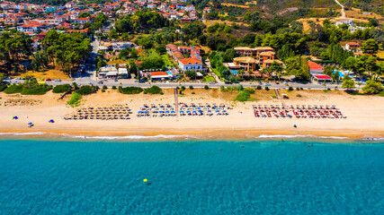 Skala, one of the top beach locations on the Greek island of Kefalonia. Spectacular view over beach of Skala. Skala beach with soft sand and turquoise water in Kefalonia, Greece.