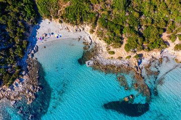 Panoramic view of sandy beach and sea with azure water, in Villasimius, Sardinia (Sardegna) island,...