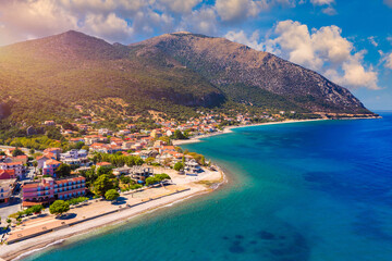 Aerial view of city of Poros, Kefalonia island in Greece. Poros city in middle of the day. Cephalonia or Kefalonia island, Ionian Sea, Greece. Poros village, Kefalonia island, Ionian islands, Greece.