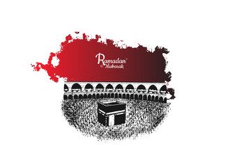 Ramadan Mubarak with holy kaaba illustration hand drawn isolated on white background red brush