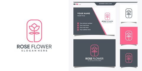 Minimalist flower logo template in line art style. Rose flower logo and business card design Premium Vector