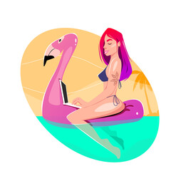 beautiful girl in bikini works on a laptop, possibly participates in a video conference while sitting on an inflatable flamingo. Freelance, summer. Vector illustration isolated on white background