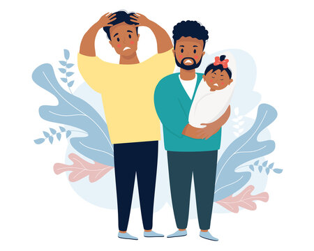 Ethnic male couple with a baby. Two sad and frightened men are holding a crying newborn. Vector illustration. LGBT family with newborn daughter, stressful situation. Family life and emotions concept