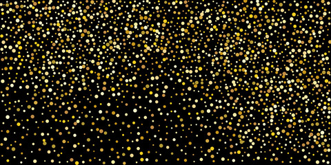 Golden point confetti on a black background.  Illustration of a drop of shiny particles. Decorative element. Element of design. Vector illustration, EPS 10.