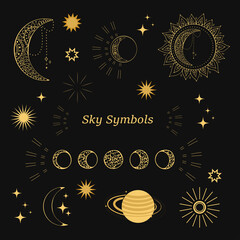 Sky sumbols design elements collection gold on black