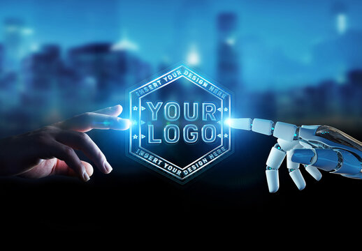 Futuristic Logo Mockup with Robot and Human Hands