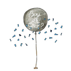 Watercolor hand drawn sketch illustration of black balloon with boy or girl lettering and blue confetti for gender reveal party isolated on white