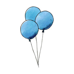 Watercolor hand drawn sketch illustration of blue balloons isolated on white