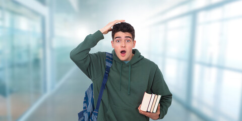 student with books and backpack and expression of surprise and forgetfulness