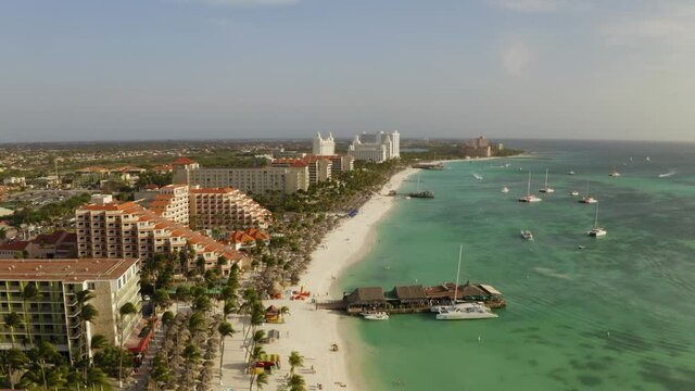 aerial image with drone from the palm beach beach in Aruba in the caribbean