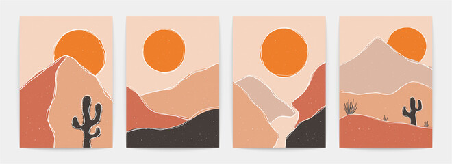 Abstract boho art backgrounds. Sun and mountain scapes, nature aesthetic prints with sunset in pastel colors. Vector art