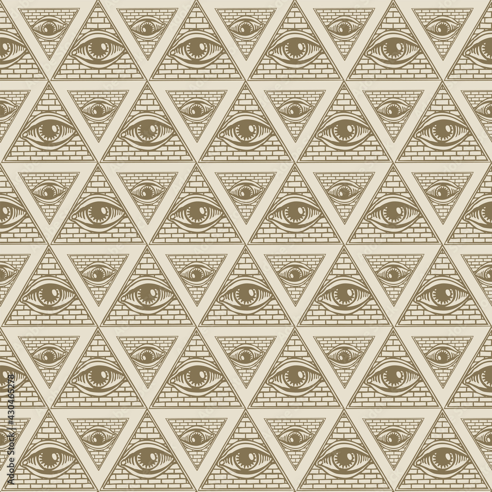 Aufkleber seamless pattern with all-seeing eye inside triangle pyramid. vector background with hand-drawn eye 