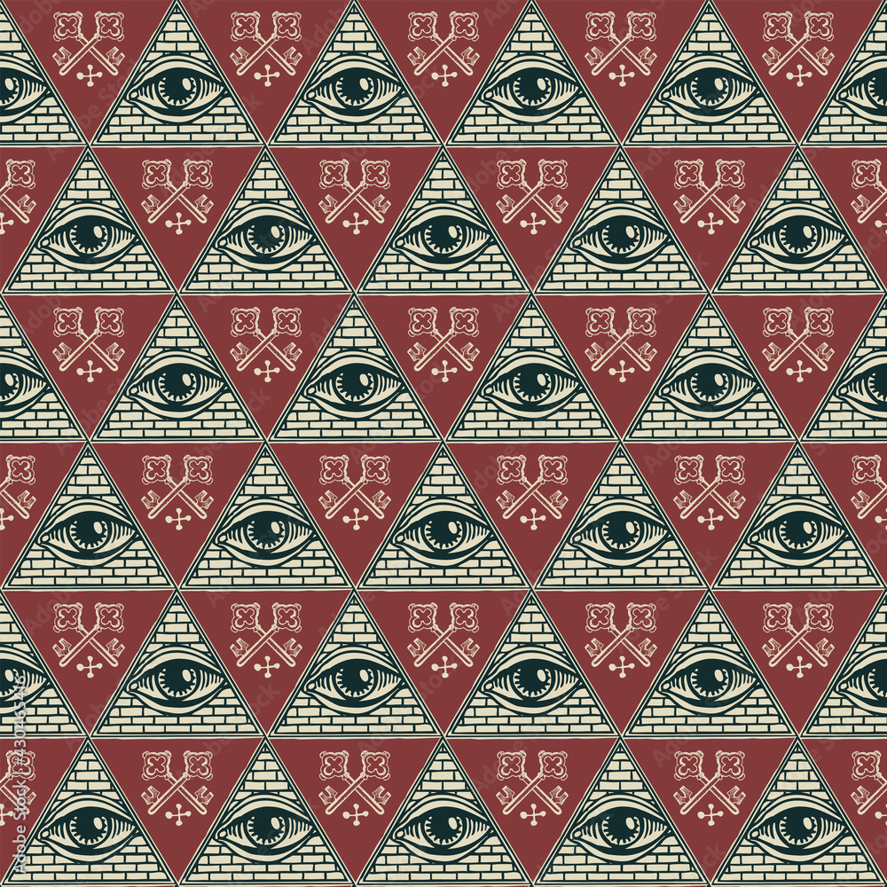 Poster geometric seamless pattern with an all-seeing eye and old crossed keys on a burgundy backdrop. hand-
