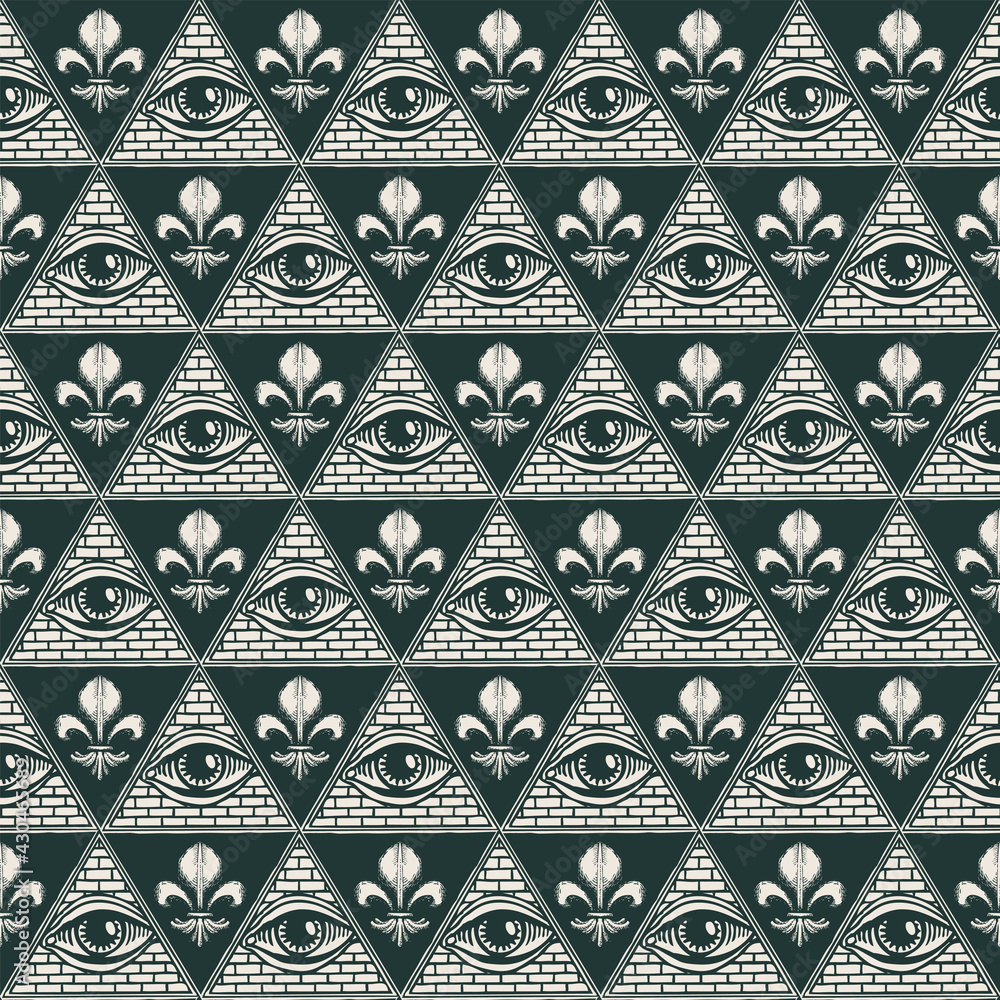 Poster geometric seamless pattern with signs of an all-seeing eye and fleur de lys on a dark backdrop. vect