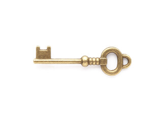 Decorative metal key on the empty white background