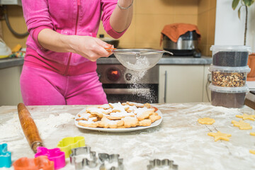 Female hands that sprinkle a delicious song with icing sugar. Cooking at home