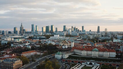 Aerial view of the old town and city. The shot is taken in the morning. City of Warsaw, Poland...