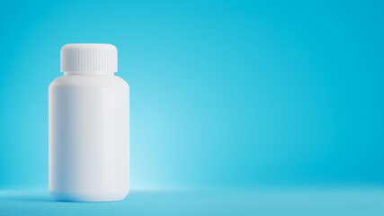 3D Rendering of  white pill bottle on a blue background with copy space.