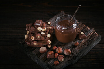 Homemade Chocolate Hazelnut Milk Spread on a dark Background