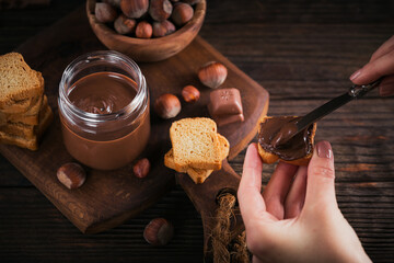 Little Toasts with sweet chocolate spread for breakfast.
