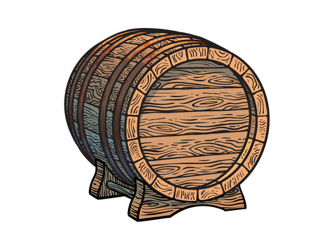 Old wooden barrel on the stand. Hand drawn vector illustrations isolated on white background.