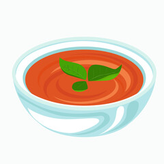 Tomato soup in light blue bowl with basil leaves vector illustration.