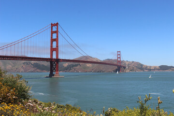 View of the Golden Gate Bridge on a sunny summer day.