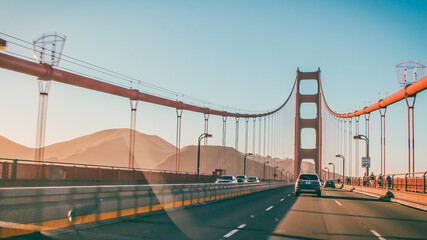 View of driving over the Golden Gate Bridge in San Francisco. 