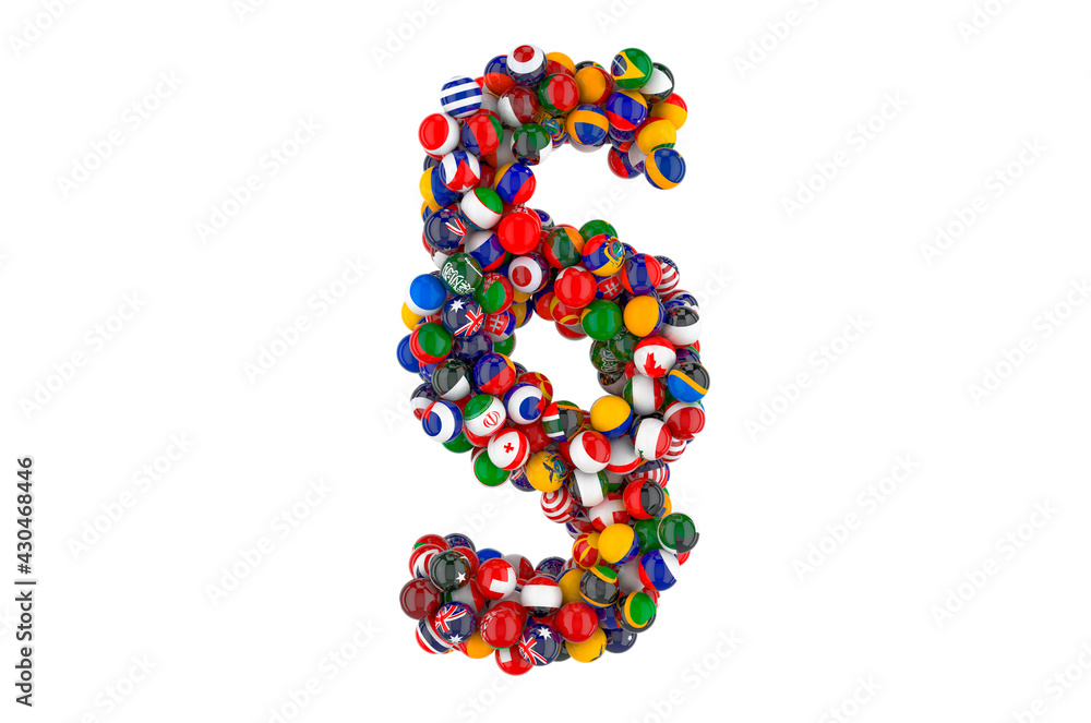 Poster section, paragraph symbol from flags of different countries, 3d rendering