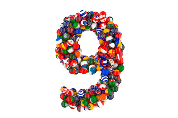 Number 9 from flags of different countries, 3D rendering