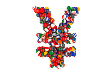 Yen or yuan symbol from flags of different countries, 3D rendering