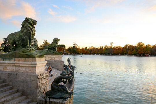 Madrid, Spain - October 25, 2020:  Big lake in El Retiro Park