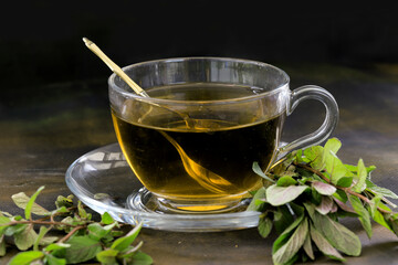 hot cup of tea with mint on wooden table