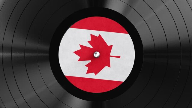 Realistic seamless looping 3D animation of the national flag of Canada label vinyl record rendered in UHD