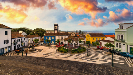 Panoramic cityscape view to Municipality and central square Of Ribeira Grande, Sao Miguel, Azores, Portugal. Central square of Ribeira Grande, Sao Miguel, Azores, Portugal. - obrazy, fototapety, plakaty