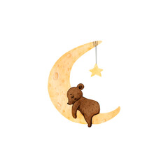 Watercolor illustration of the cute bear on the Moon