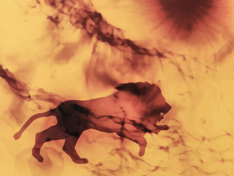 Silhouette of a running lion. Fractal art. Red and yellow
